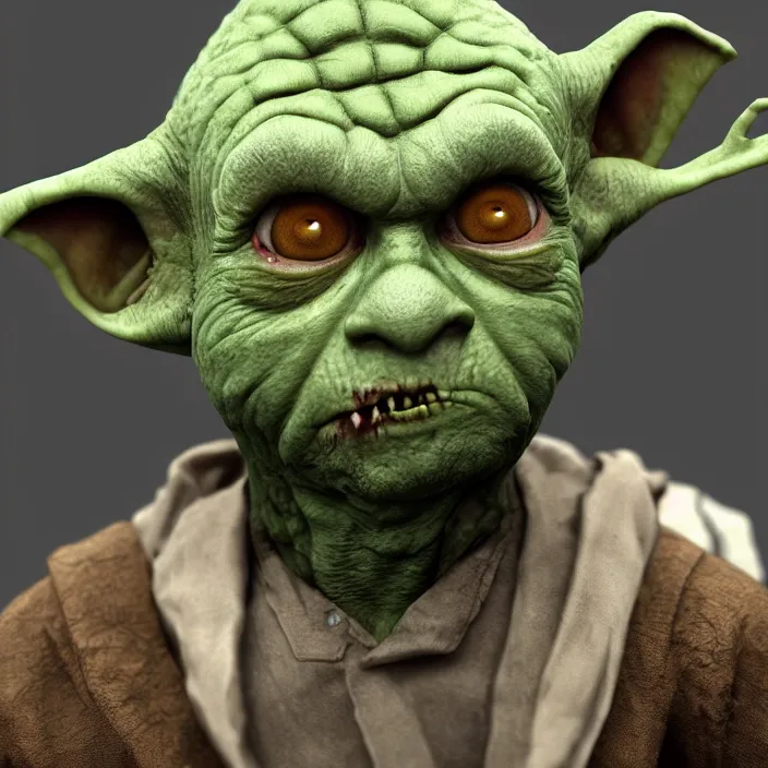 Image similar to zombie yoda, yoda as a zombie, zombified, scary, hyperrealistic, digital render, octane, artstation