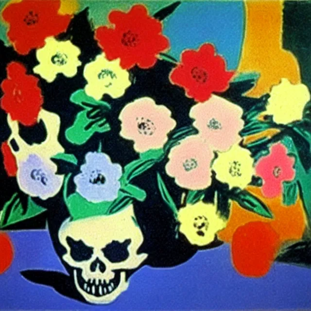 Image similar to a beautiful painting chinese porcelain inserts skull flowers, by andy warhol henri matisse realistic oil painting