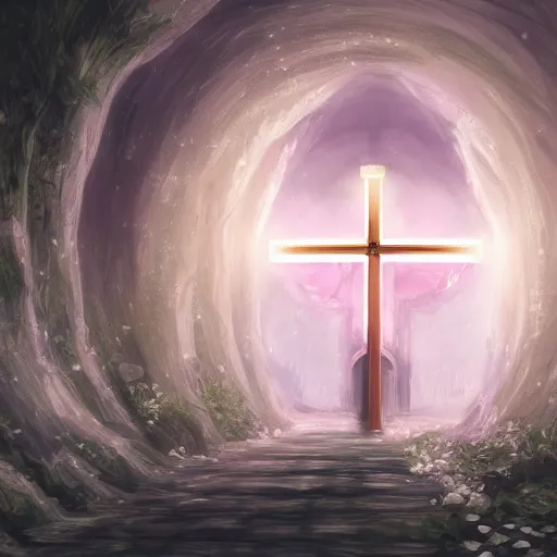 Image similar to a christian cross as the light at the end of the tunnel, with pale purple and pale pink lighting, cute, aesthetic, anime, with a few vines and overgrowth, studio ghibli, cinematic, painting, high definition, digital art, symmetrical, very detailed, extremely high detail, photo realistic, concept art, unreal engine 5,