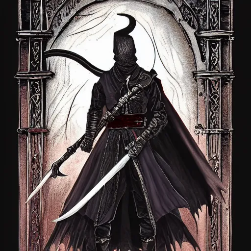 Prompt: Tarot Card of Male Victorian Gothic Ninja, hd, intricate, bloodborne, 8k, digital art