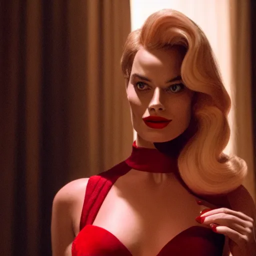 Image similar to Margot Robbie as Jessica Rabbit, still from a live action movie, 50mm, f2.8, panavision, cinematography