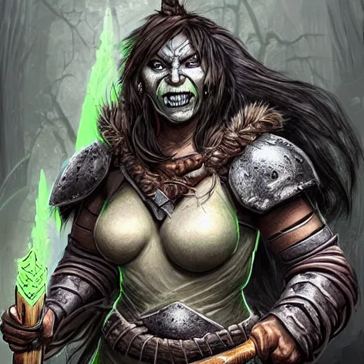 Prompt: thorkana orc woman with human features in her 5 0's, legendary soldier, high rank, mother of two boys, loving, happy, fierce, symmetrical face, green skin, dark hair with some grey, giant axe on her back, chest up portrait, dungeon's and dragon's, dark souls boss