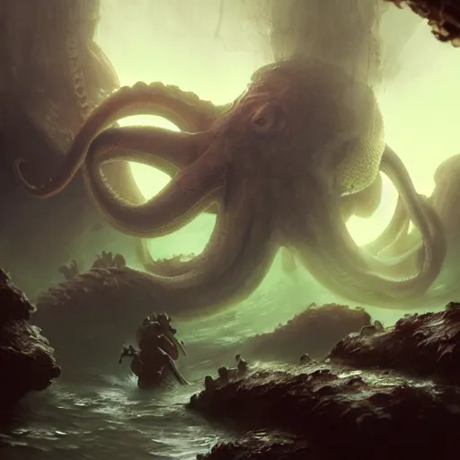 Image similar to A group of adventurers fighting a giant octopus in a sunken ship, underwater, magic the gathering artwork, D&D, fantasy, highly detailed, artstation, concept art, smooth, sharp focus, volumetric lighting, by Greg Rutkowski and Lulu Chen