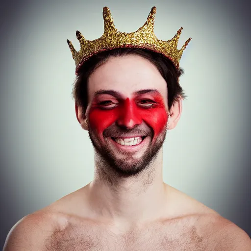 Image similar to man with red eyes and a crown grinning