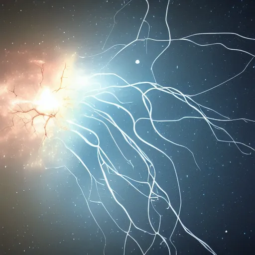 Image similar to neuron made of steel in space with hubble background, vray, 5 5 mm