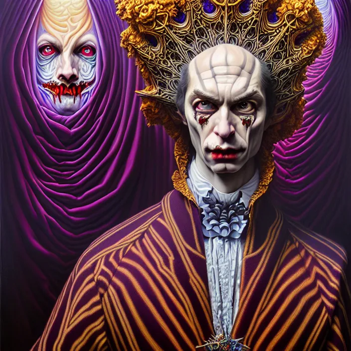 Image similar to beautiful oil painting, full length portrait of vampire in baroque coronation robes 1701, Dan Mumford, Dan Mumford, Alex grey, hyacinthe rigaurd, highly detailed , lsd visuals, dmt fractal patterns, visionary art, psychedelic art, ornate, vaporwave, baroque, Greg rutkowski