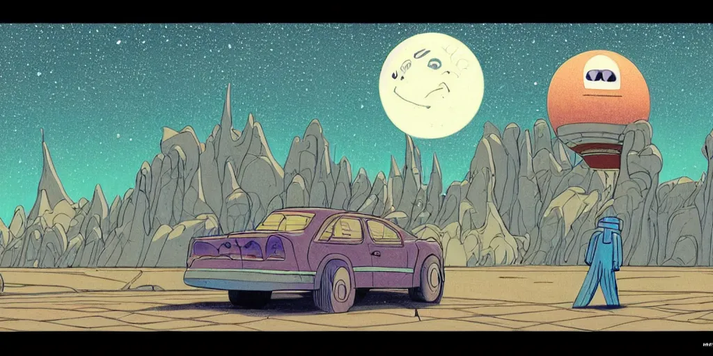 Image similar to traditional drawn colorful animation a car solo stranger with sad face pacing to valley symmetrical architecture on the ground, space station planet afar, planet surface, ground, rocket launcher, outer worlds extraterrestrial hyper contrast well drawn Metal Hurlant Pilote and Pif in Jean Henri Gaston Giraud animation film The Masters of Time FANTASTIC PLANET La planète sauvage animation by René Laloux