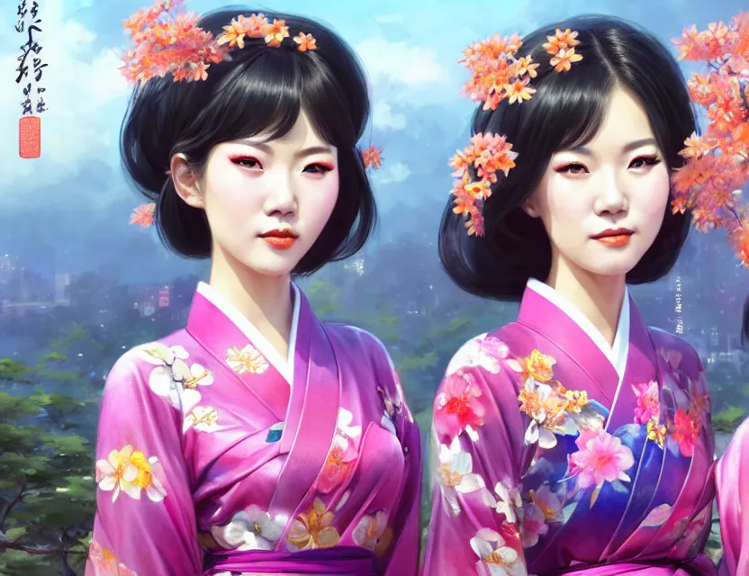 Image similar to two beautiful fashion taiwan girls wear fantasy yukata in festival | | big eyes, sunny, dreamlike art, realistic shaded, smile, good looking, fine details, 4 k realistic, cryengine, realistic shaded lighting poster by greg rutkowski, magali villeneuve, artgerm, jeremy lipkin and michael garmash and rob rey