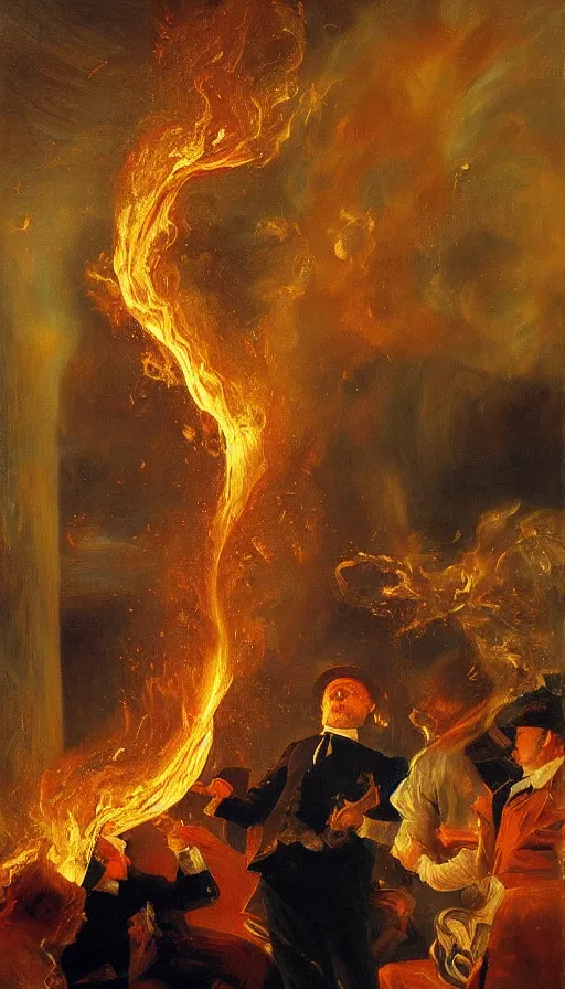 Image similar to painting of fire tornado ripping through birthday party, by Peder Krøyer, dramatic lighting, golden hour, epic, intricate detail, canvas print