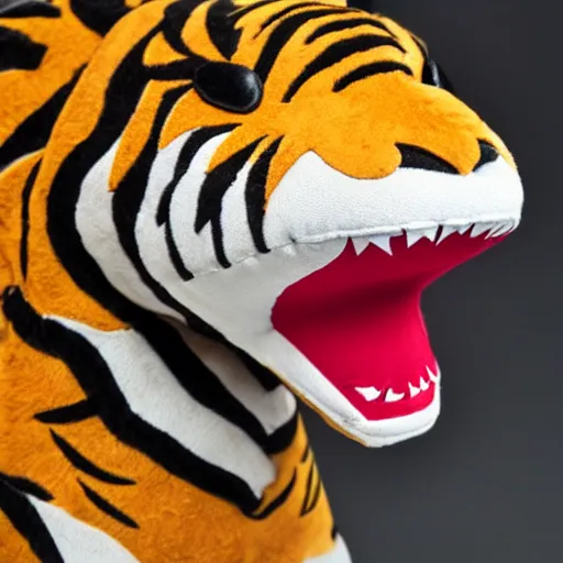 Prompt: a plush of a shark tiger chimera, a cross between a shark and a tiger, high quality product photo