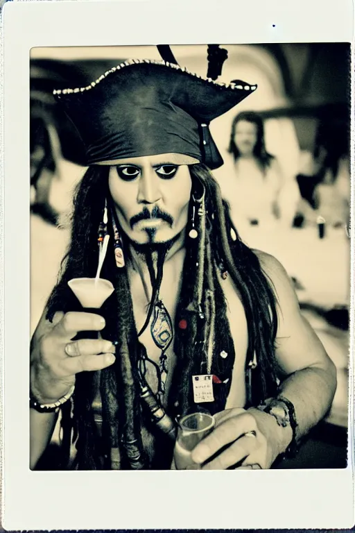 Image similar to Jack Sparrow in a casino, piña colada, realistic photograph, polaroid, film