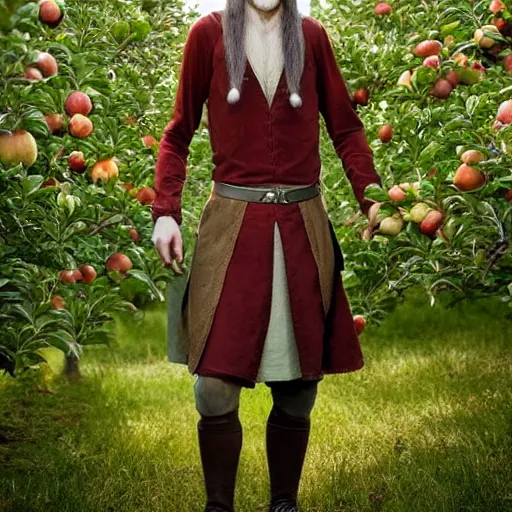 Prompt: portrait of a slender elven man, standing in an apple orchard, dressed in medieval style, sharp features, very handsome, dungeons and dragons