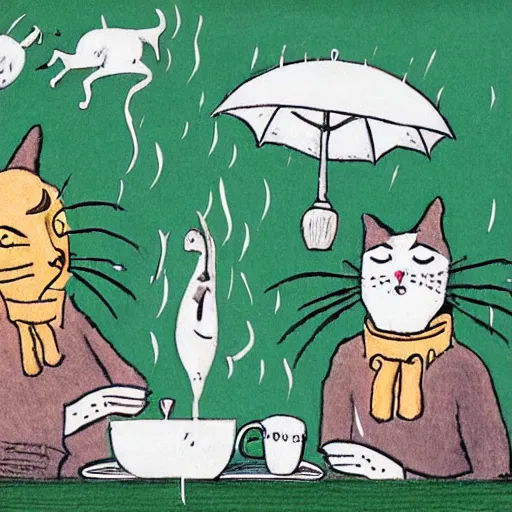 Image similar to cats drinking coffee, amongst coffee bean rain, illustrated in styles of Maurice Sendak, Tove Jansson