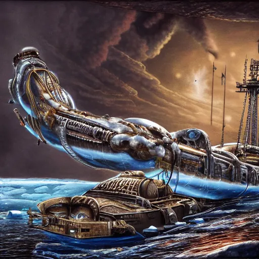 Image similar to barotrauma submarine being attacked by crawlers under the europa ice, hyper realism, ornate intricate details, high detail, steampunk, 4K, deep aesthetic, rich colors, variations,