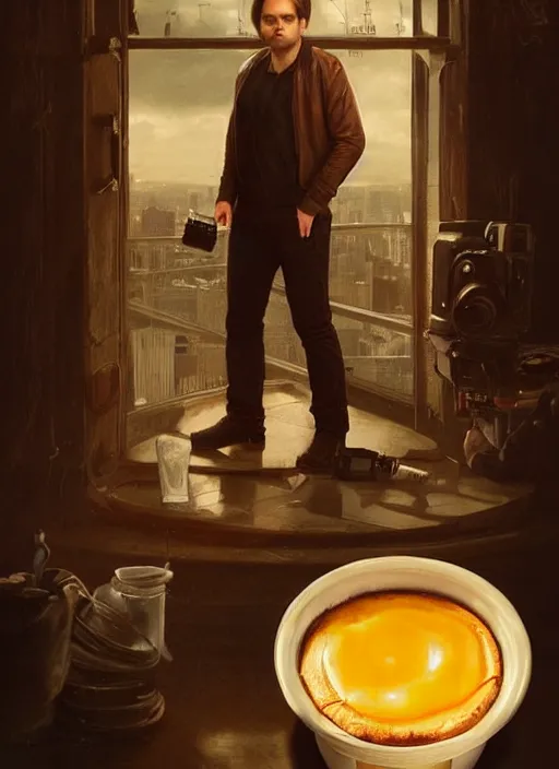 Prompt: highly detailed comedy caper movie poster with flan pudding faced sebastian stan as a sentient flan pudding, sebastian stan face made from flan pudding by greg rutkowski, masterpiece, 1 0 / 1 0