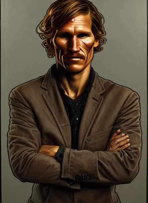 Image similar to oil portrait of rust cohle, intricate, elegant, highly detailed, lighting, painting, artstation, smooth, illustration, art by greg rutowski and alphonse mucha