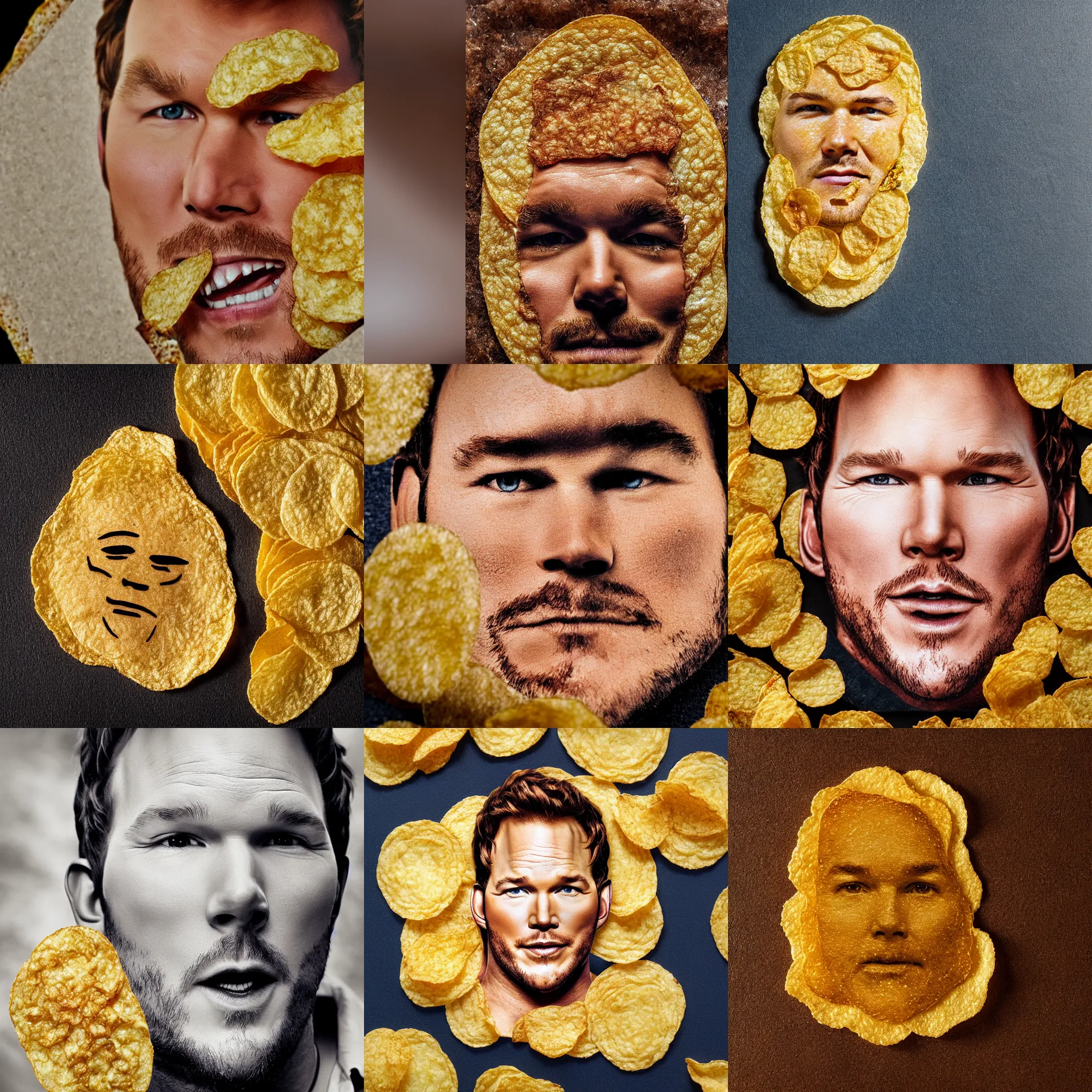 Prompt: chris pratt's face on a potato chip, textured, cross - cut, potato crisp, macro shot, high detail photo, close up