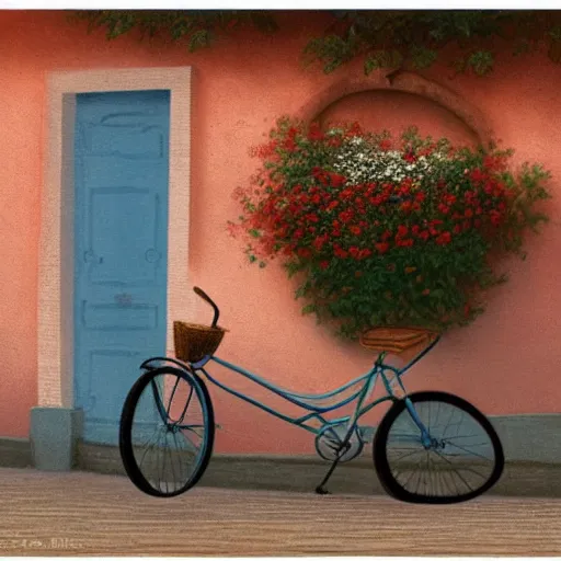 Image similar to a baby blue bike with a flower basket and white tires standing sideways next to a brick red wall, centered, matte painting, dusk, fashion, by rozalski and peter ilsted, artstation