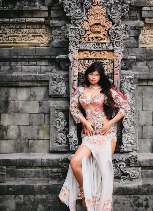 Image similar to portrait of demi rose wearing kebaya in bali temple, by charlotte grimm, natural light, detailed face, beautiful features, symmetrical, canon eos c 3 0 0, ƒ 1. 8, 3 5 mm, 8 k, medium - format print, half body shot