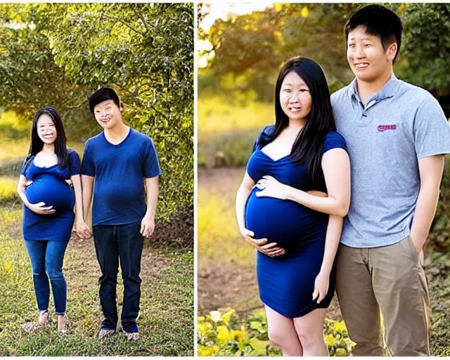 Prompt: Maternity photo of a young Asian-American couple, both husband and wife are 9 months pregnant