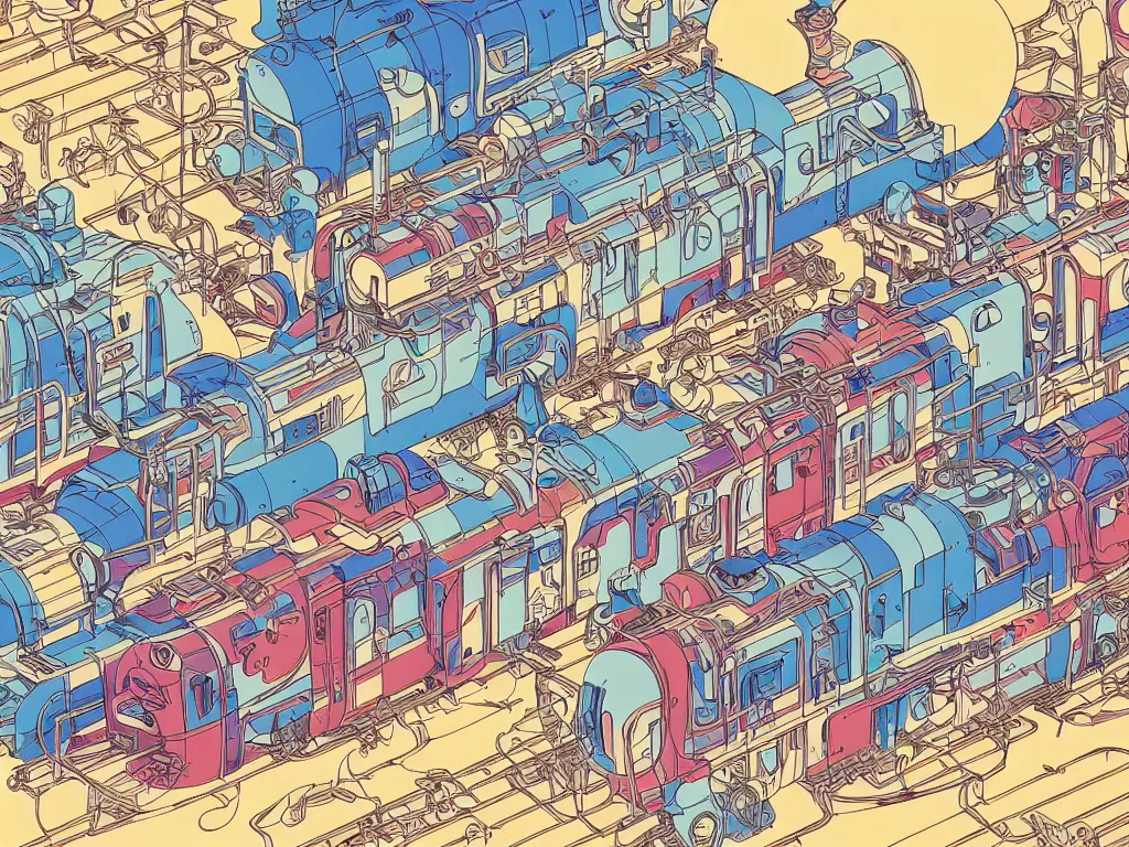 Prompt: colorful blueprint sideview of a anime train, illustration, concept art, autumn light, colorful, beautiful, studio ghibli, hayao miyazaki, takashi murakami, alfons mucha, manga, cute and adorable