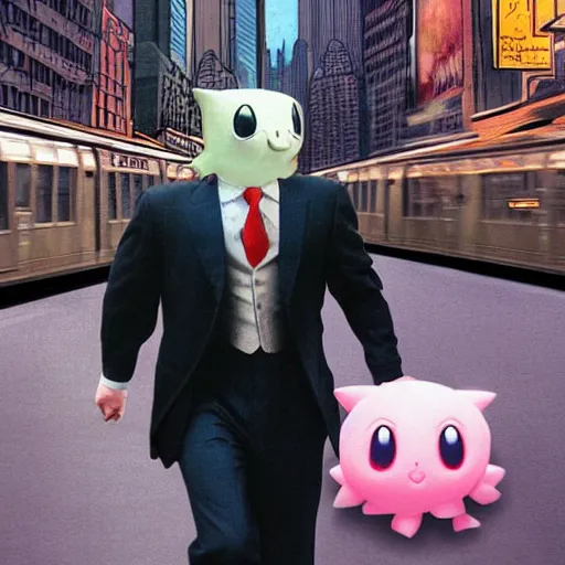 Prompt: jigglypuff runnning to catch the nyc subway, frantic, wearing a suit, style of norman rockwell, photograph, super sharp, style of richard corben, ultra detailed, 8 k, rule of thirds, cinematic lighting.