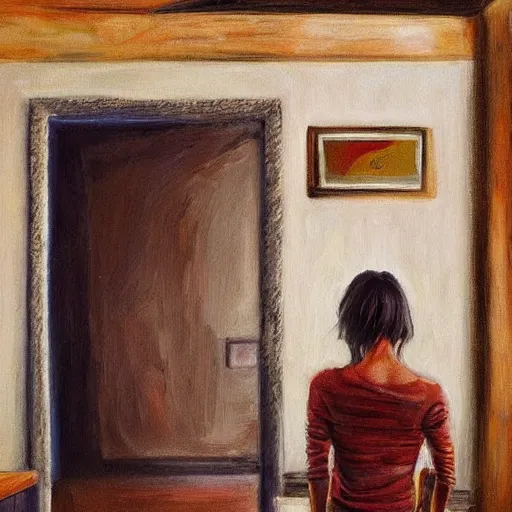 Prompt: A woman thinks she's in an ordinary house, but there are clues that she's actually in hell. Painting