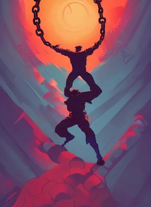 Prompt: a man breaking free from his chains, heroic, glorious, in the style of artgerm, gerald brom, atey ghailan and mike mignola, vibrant colors and hard shadows and strong rim light, plain background, comic cover art, trending on artstation