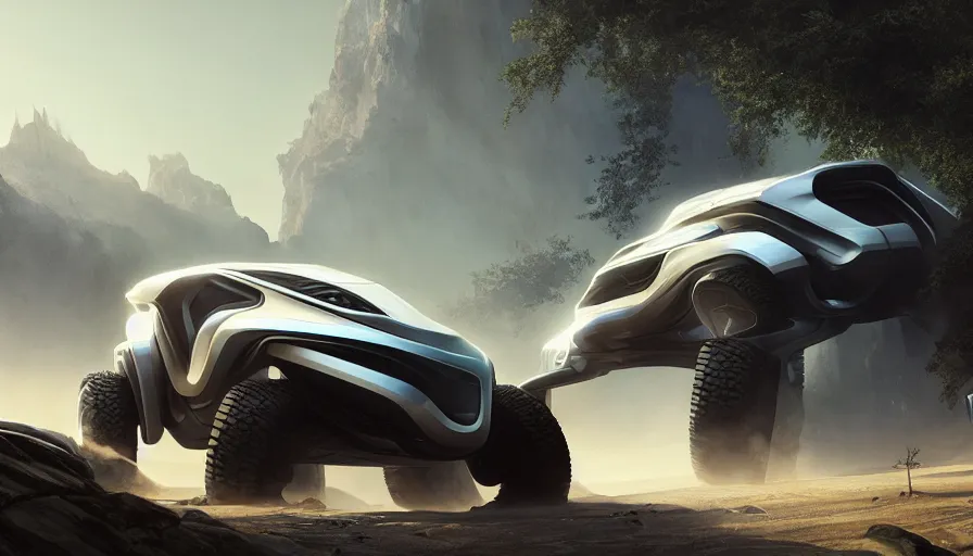 Image similar to a futuristic offroad suv designed by apple, artgerm and greg rutkowski and alphonse mucha, zaha hadid, an epic fantasy, volumetric light, detailed, trending on art station, octane render, midsommar