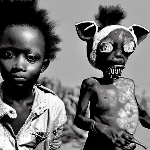 Image similar to a small african boy and a girl in a fox costume, movie still from'tank girl ', afrofuturism, by jamie hewlett and sawoozer and roger ballen,