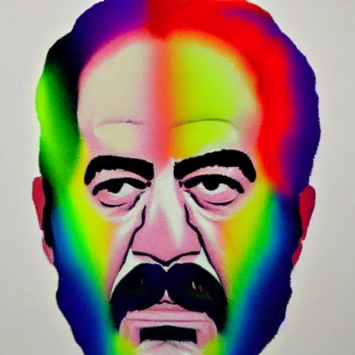 Image similar to rainbow colored portrait of saddam hussein with a pink puffy jacket hat, 8 k, intricate, detailed,