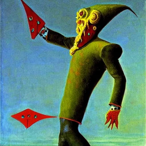 Prompt: spring-heeled jack. painting by max ernst and by victor nizovtsev.