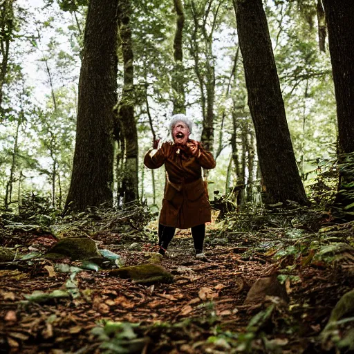 Image similar to elderly woman screaming at a terrifying creature in the woods, canon eos r 3, f / 1. 4, iso 2 0 0, 1 / 1 6 0 s, 8 k, raw, unedited, symmetrical balance, wide angle