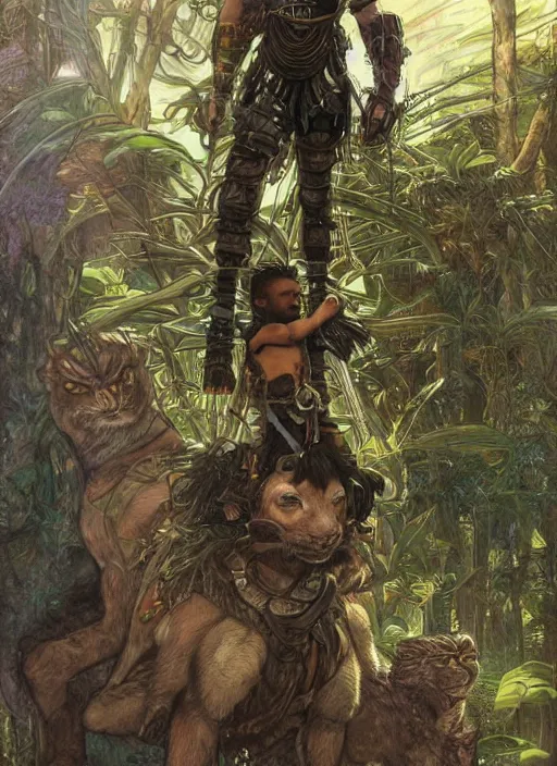 Image similar to portrait of a little cyborg warrior boy character sitting on top of a giant armored tiger a lush jungle, epic character with dark skin and beautiful green eyes. the boy has a very beautiful detailed symmetrical face, long black hair. diffuse night light, dramatic landscape, fantasy illustration, matte painting by mucha