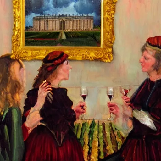 Image similar to people drinking red wine named roi soleil in versailles castle, realistic painting