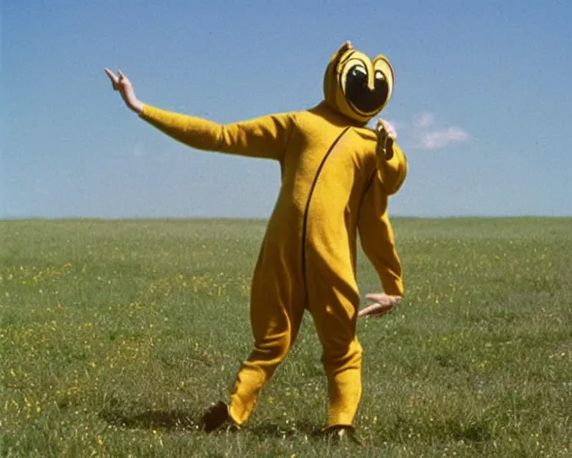 Image similar to William Dafoe dancing in the bee costume on the sunny meadow with clear sky, film still, very long shot, high detail