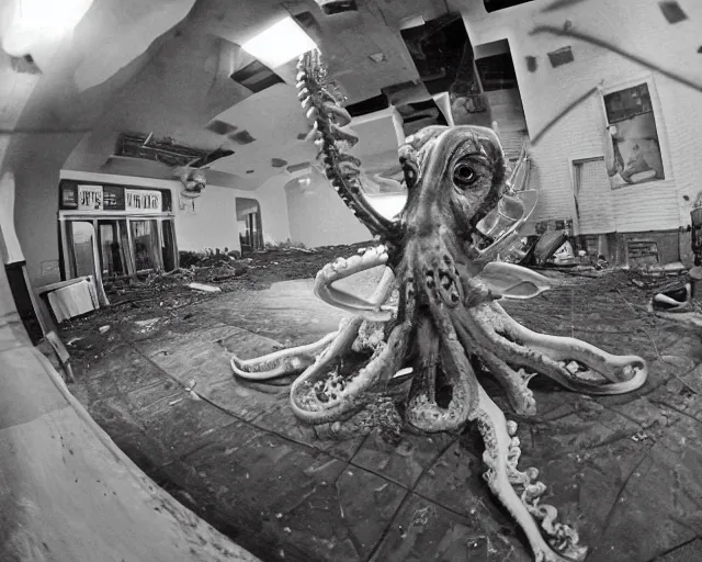 Image similar to camera footage of a extremely aggressive Giant mutated Octopus with glowing white eyes in an abandoned shopping mall, Psychic Mind flayer, Terrifying :7 , high exposure, dark, monochrome, camera, grainy, CCTV, security camera footage, timestamp, zoomed in, Feral, fish-eye lens, Fast, Radiation Mutated, Nightmare Fuel, Wolf, Evil, Bite, Motion Blur, horrifying, lunging at camera :4 bloody dead body, blood on floors, windows and walls :5