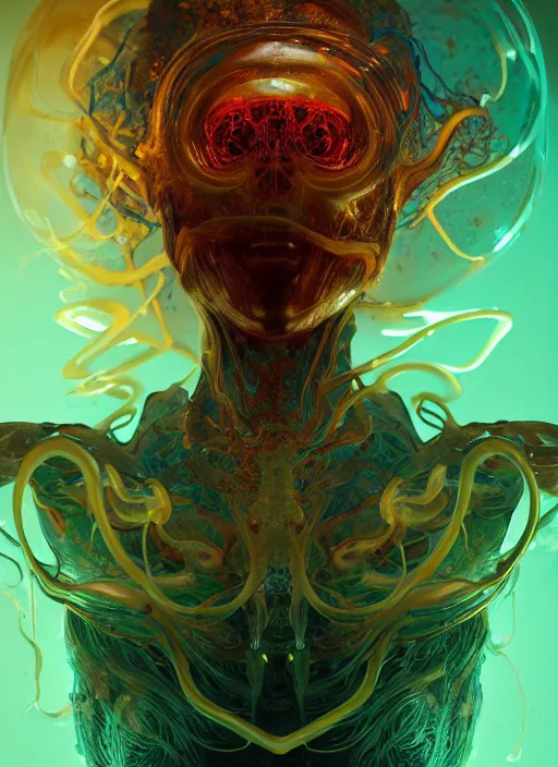 Image similar to subsurface scattering, organic cyborg made of soft wax, cgsociety, translucent, organic squid and ceramic art nouveau swirls, golden orbs, colored smoke, in the style of alberto seveso and ruan jia and beeple and giger, mystical colors, back light, rim light, dramatic lighting, 8 k, stunning scene, raytracing, octane render