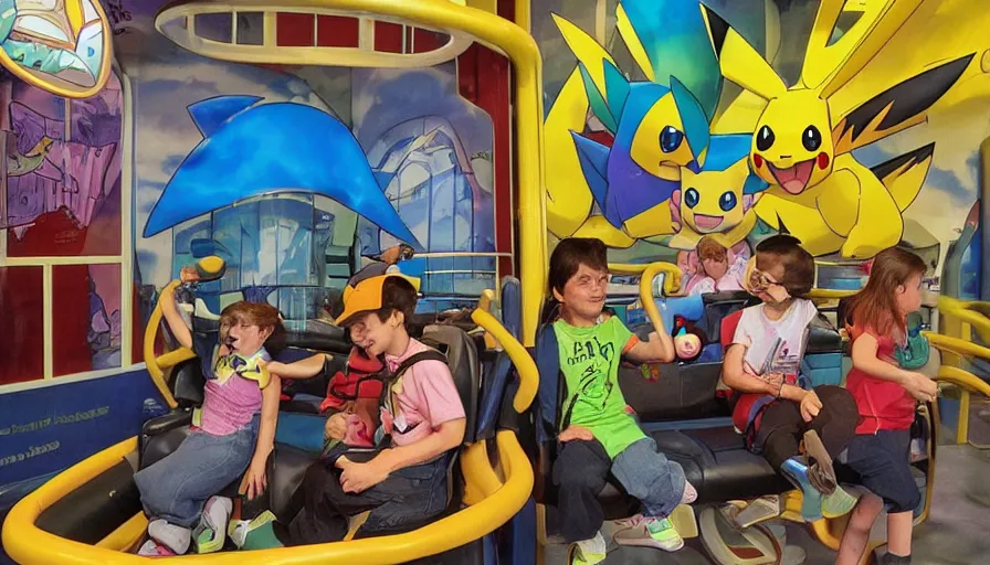 Prompt: 1990s photo of inside the Pokémon themed Ride at Universal Studios in Orlando, Florida, children riding through a Pokémon gym where Pokémon are battling, cinematic, UHD