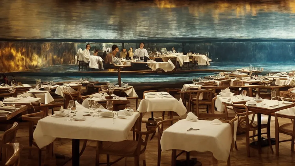 Image similar to restaurant where it looks like your walking on water, film still from the movie directed by Denis Villeneuve with art direction by Salvador Dalí, wide lens