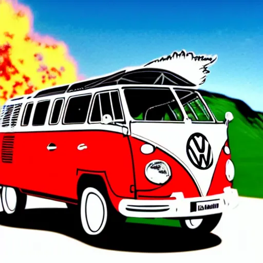 Prompt: a caricature drawing of a vw volkswagen bus, camper, bulli, type - 2, microbus, kombi, flying towards the camera, jumping at the viewer, dynamic action shot, fish - eye lense, frontal, a vulcano is erupting in the background