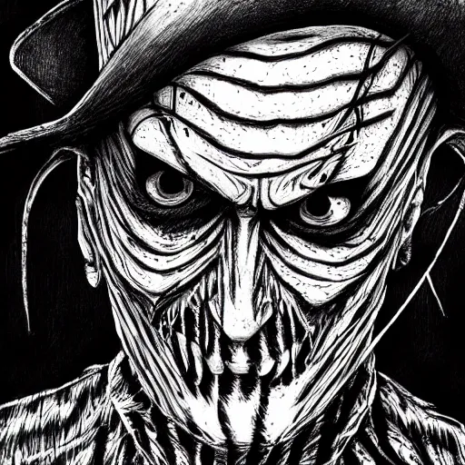 Image similar to Freddy Krueger portrait in the style of Junji Ito. Manga. Black & White. Gothic. Horror. Exquisitely detailed. 4K.