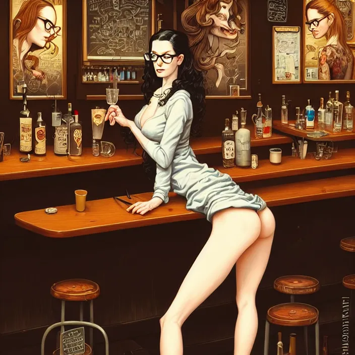 Prompt: a young sophisticated beautiful barmaid, dimly lit dive bar, hip modern vibe, relaxed pose, wavy long black hair and glasses, pale skin, wild, highly detailed, digital painting, artstation, sharp focus, illustration, detailed painterly digital art style by Geof Darrow and Lise Deharme and Tim Hildebrandt + perfect facial symmetry + dim volumetric lighting, vibrant deep colors, 🍸, 8k octane beautifully detailed render, post-processing, extremely hyperdetailed, epic composition, grim yet sparkling atmosphere, cinematic lighting + masterpiece, Art Nouveau, unreal engine, hyperrealistic, old english, sepia