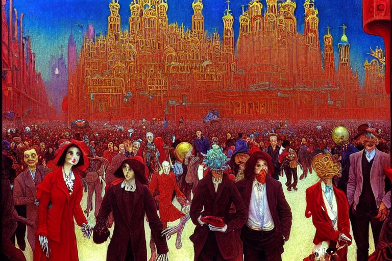 Image similar to realistic detailed portrait painting of a single skeleton wearing red velvet blazer in a crowded futuristic moscow street by Jean Delville, Amano, Yves Tanguy, Alphonse Mucha, Ernst Haeckel, Edward Robert Hughes, Roger Dean, rich moody colours, blue eyes