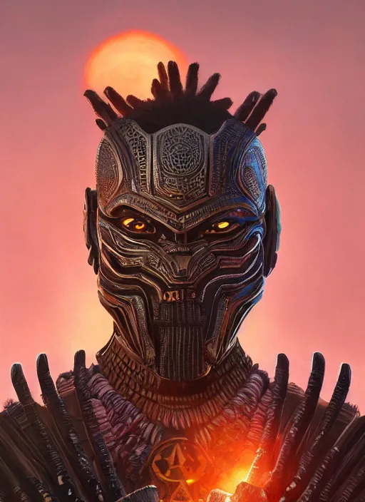 Image similar to highly detailed digital painting of afrofuturistic wakandan voodoo mask biocircuitry, sinister, artstation, concept art, matte, sharp focus, illustration, dramatic, cinematic sunset, hearthstone, art by artgerm and greg rutkowski and alphonse mucha