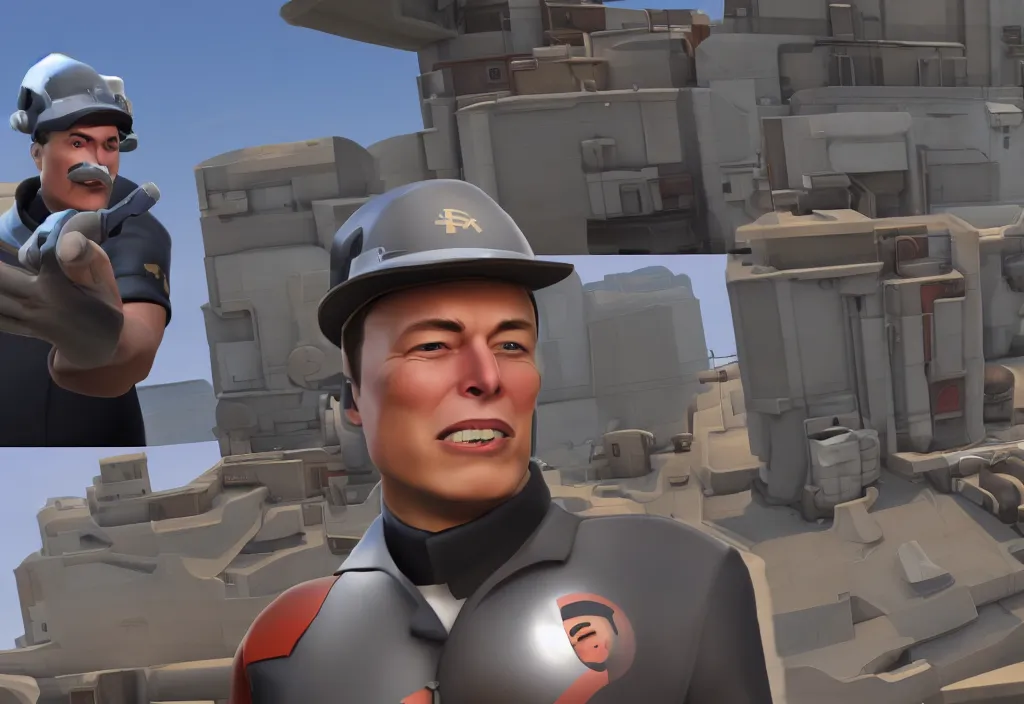 Image similar to elon musk in team fortress 2, elon musk in the video game team fortress, gameplay screenshot, close up, 3 d rendering. unreal engine. amazing likeness. very detailed.