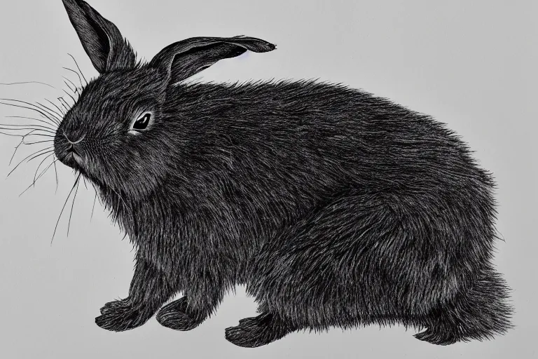 Image similar to very hairy rabbit with five legs, black and white, botanical illustration, black ink on white paper, bold lines