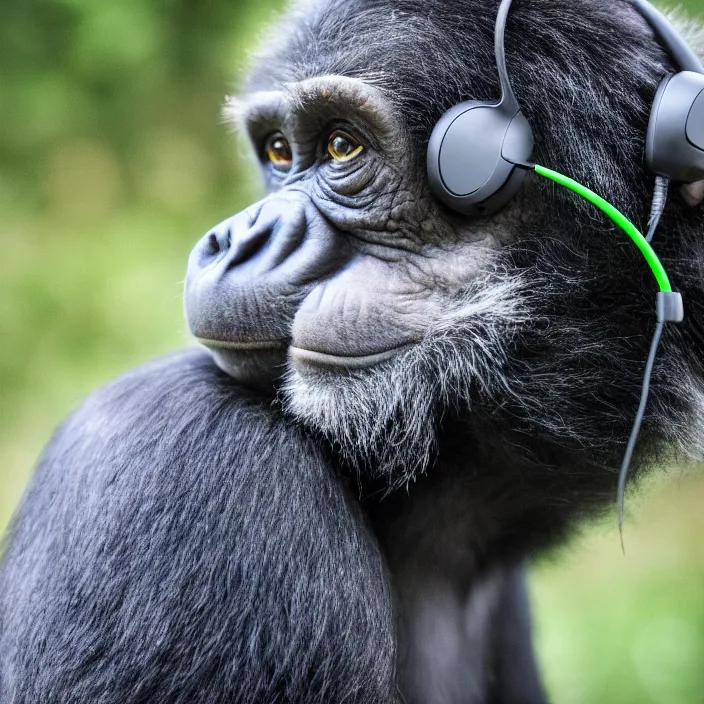 Image similar to a high quality photo of a green chimp wearing headphones, realism, 8k