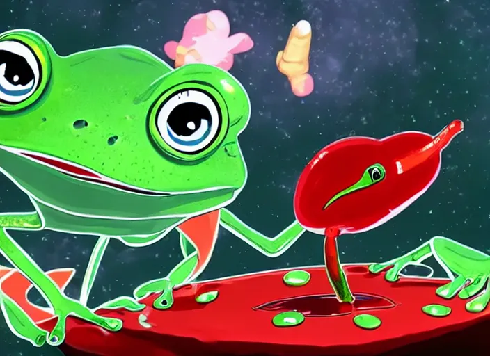 Prompt: Frog on a spaceship loves her dog next to her and gives her hot pepper, cinematic, very high quality, 8k