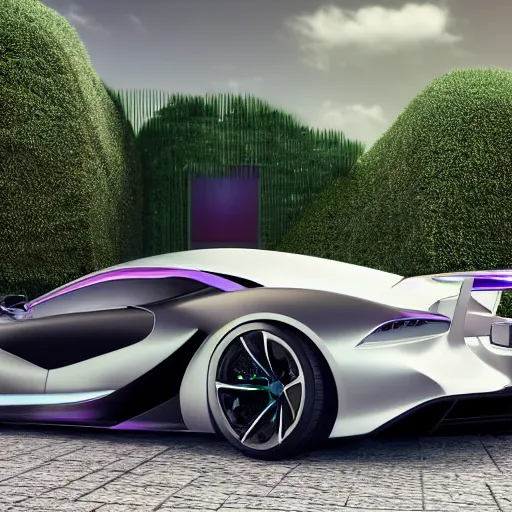 Image similar to iridescent pearl colored supercar, black spoiler, white rims, purple tinted windows, mansion in background, 8 k, octane render, ultra detailed, intricate